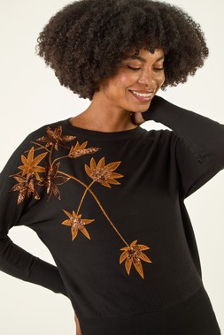 Roman Black Sequin Floral Embroidered Knit Jumper