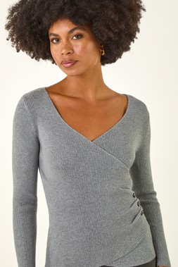 Roman Grey Wrap Button Detail Knit Jumper