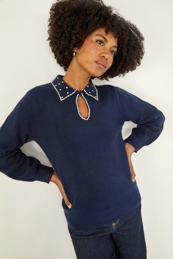 Roman Navy Faux Pearl Collared Keyhole Knit Jumper
