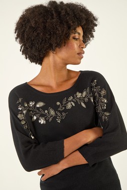 Roman Black Embellished Floral Sequin Knit Jumper