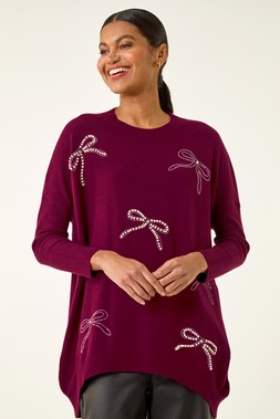 Roman Maroon Embellished Bow Knit Jumper