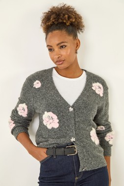 Roman Grey Embossed Floral Knit Cardigan