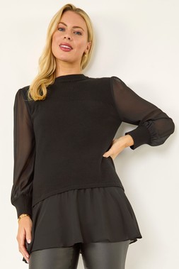 Roman Petite Black Contrast Chiffon Knit Jumper
