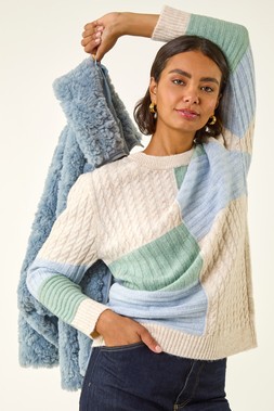 Roman Ivory Colour Block Cable Knit Jumper