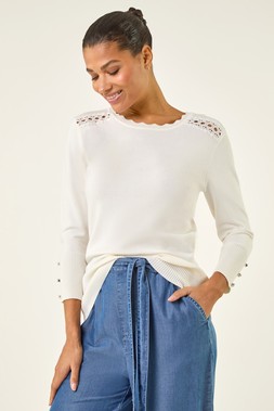 Ivory Scalloped Neck Knit Jumper