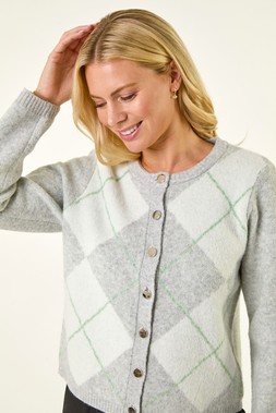 Roman Petite Grey Argyle Buttoned Knit Cardigan
