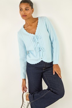 Roman Blue Bow Front Buttoned Knit Cardigan