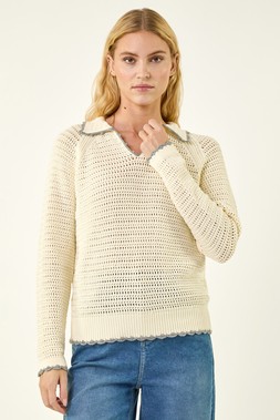 Roman Ivory Collar Crochet Knit Jumper