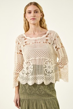 Roman Natural Crochet Knit Flared Sleeve Top