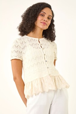 Roman Ivory Textured Embroidery Buttoned Knit Top