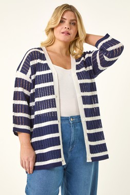 Roman Curve Navy Stripe Crochet Knit Cardigan