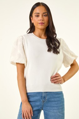 Petite White Floral Sleeve Knitted Top