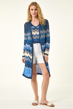 Roman Blue Wave Chevron Longline Knit Cardigan