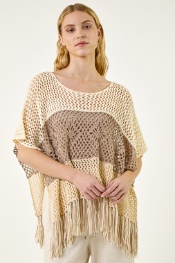 Roman Natural Tassel Stripe Crochet Poncho