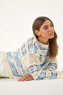 Roman Light Blue Floral Stripe Crochet Knit Jumper