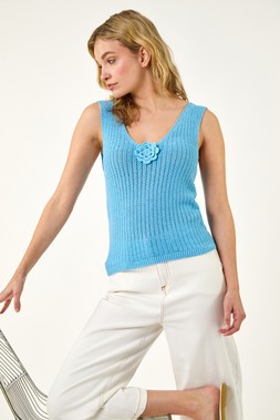 Dusk Blue Flower Knit Vest Top
