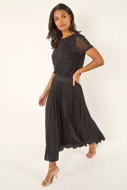 Roman Black Pleated Elastic Waist Maxi Skirt