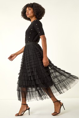 Roman Black Elasticated Mesh Tiered Ruffle Skirt