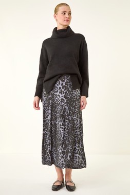 Roman Dark Grey Leopard Print Midi Skirt