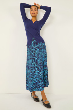 Roman Mid Navy Linear Spot Stretch Midi Skir
