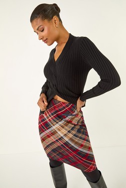 Roman Red Check Print Stretch Pencil Skirt