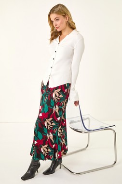 Dusk Red Floral Fluted Midi Skirt