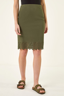 Roman Khaki Lasercut Hem Pencil Skirt