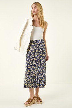 Roman Yellow Daisy Print A-Line Stretch Skirt