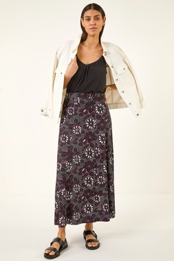 Roman Black Fruit Floral Print Midi Skirt