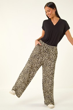 Roman Petite Khaki Animal Wide Leg Trouser