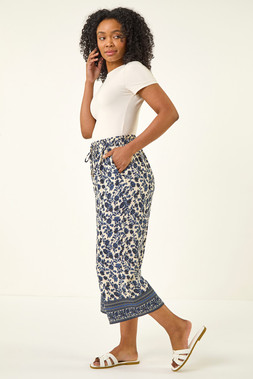 Roman Petite Navy Border Print Cropped Trouser