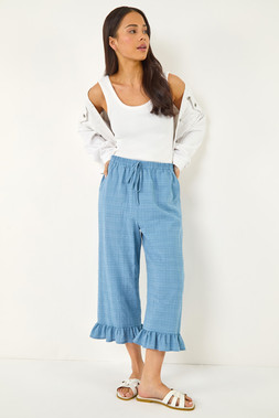 Roman Blue Petite Cotton Cropped Frill Hem Trouser