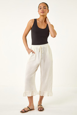Roman Petite Ivory Cotton Cropped Frill Hem Trouser