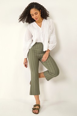 Roman Stripe Print Crop Bootleg Trouser