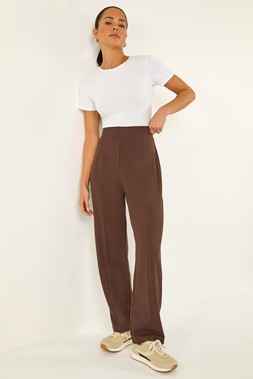 Roman Petite Chocolate Straight Leg Crepe Stretch Trouser