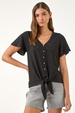 Roman Black V-Neck Broderie Stretch Jersey Tie Front Top