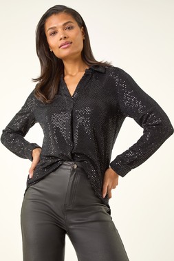 Roman Black Stretch Sequin V-Neck Shirt