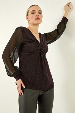 Roman Petite Pink Twist Front Chiffon Sleeve Stretch Top
