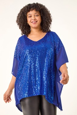 Roman Curve Royal Blue Full Sequin Chiffon Overlay Top