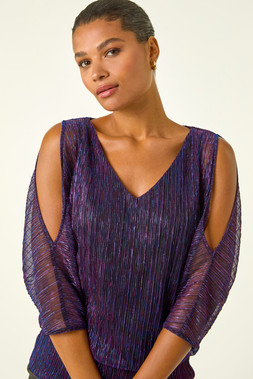 Roman Magenta Metallic Plisse Banded Hem Top
