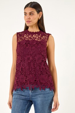 Roman Wine High Neck Stretch Lace Top