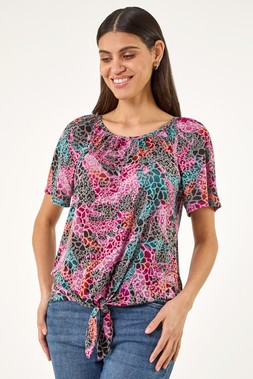 Roman Purple Print Tie Front Button Top