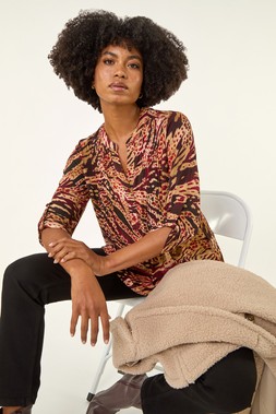 Roman Burgundy Animal Print Pintuck Top