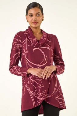 Roman Burgundy Printed Cowl Neck Stretch Top