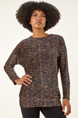 Roman Tan Animal Print Bubble Hem Top