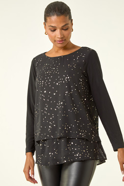 Roman Black Foil Print Chiffon Overlay Tunic Top