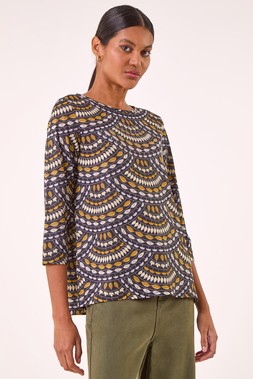 Roman Ochre Embellished Leaf Print Top