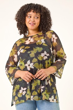 Roman Curve Green Floral Print Mesh Top