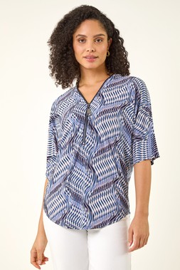 Roman Blue Printed Zip Front Top