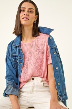 Roman Pink Textured Floral Line Stretch Top
